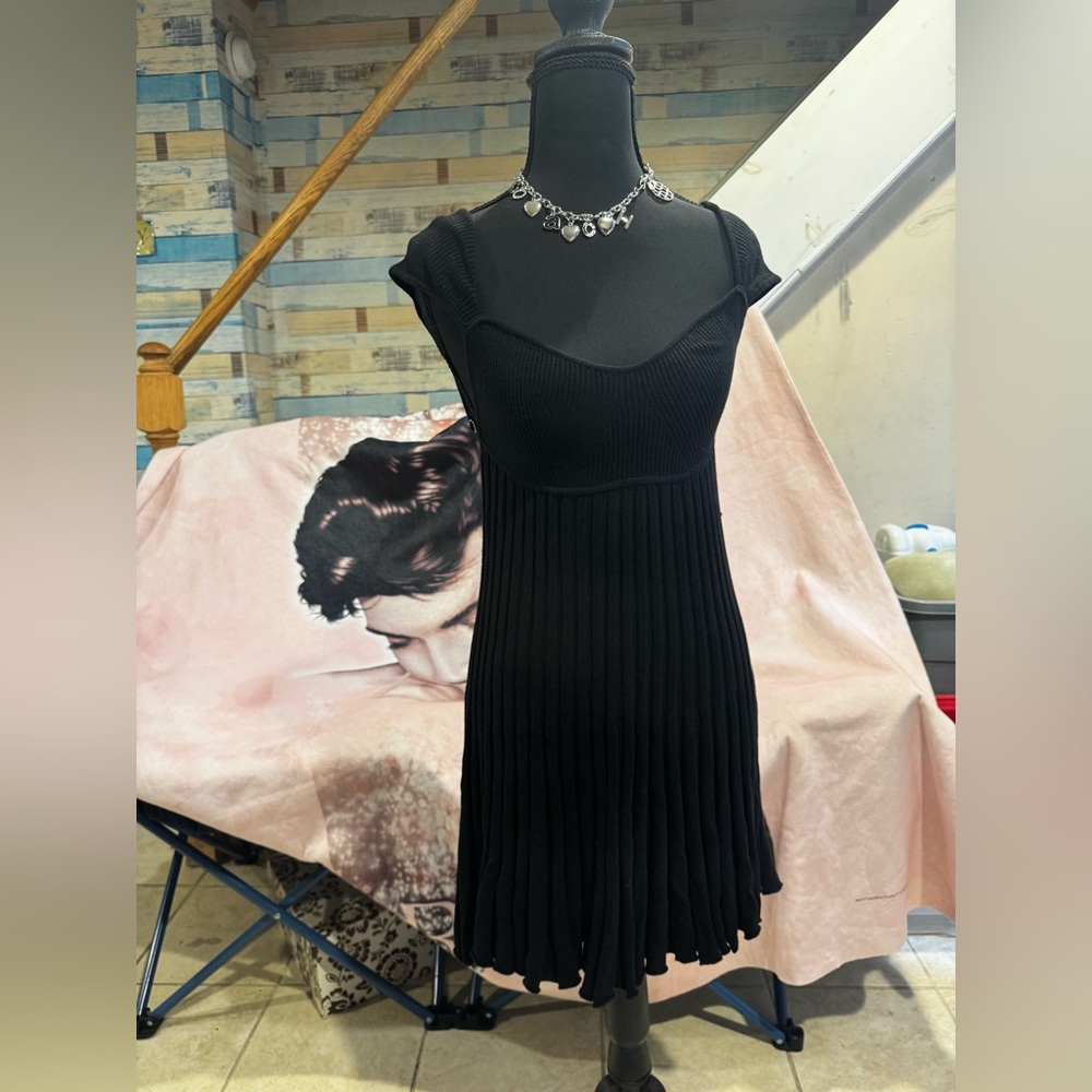 Free People Black Ribbed Fit-and-Flare Mini Dress